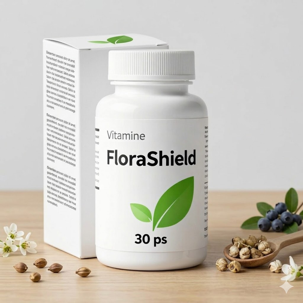 Capsules beside botanical elements on a neutral background